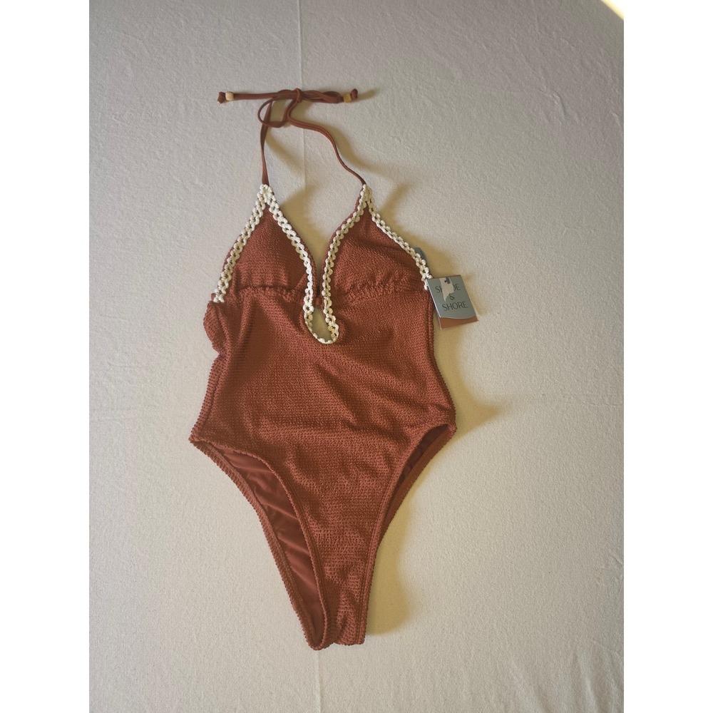 Shade & Shore Plunge One Piece Swimsuit Brown Large NWT